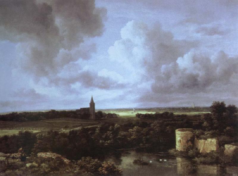Jacob van Ruisdael an extensive landscape with a ruined castle and a village church China oil painting art